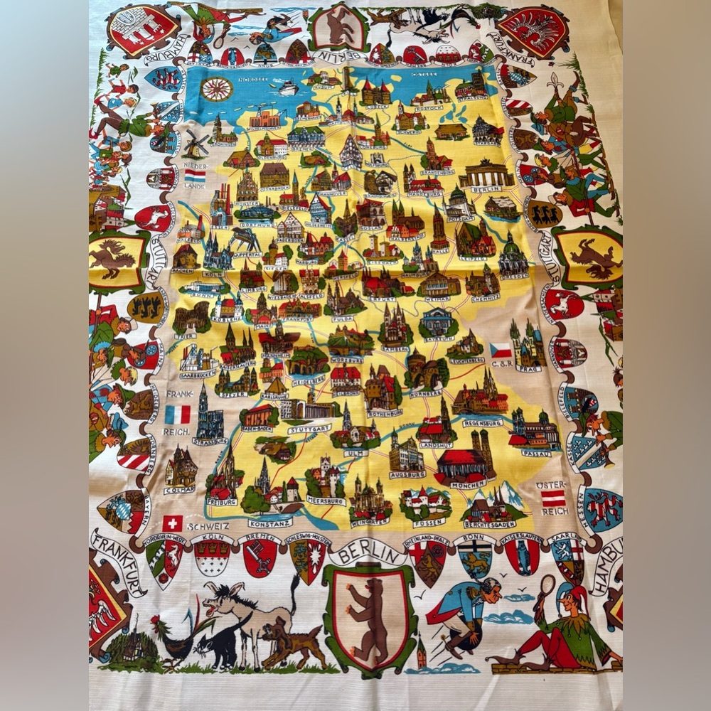 Vintage Yellow, Blue and Red Map Motif Table cloth